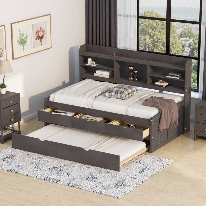 Antique Brown Twin Wooden Captain Bed with Built-in Bookshelves, 3 Drawers & Trundle | Space-Saving Storage, Twin