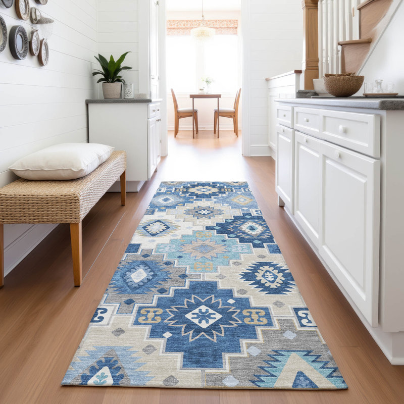 Machine Washable Indoor/Outdoor Xhevrie Blue Rug, Runner 2'3" x 7'6"
