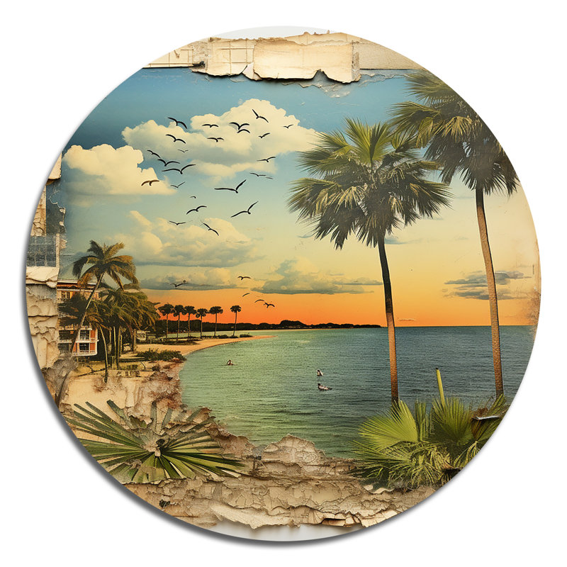 Collage rétro de la Floride - palmiers et plage - paysages d'art rond en métal, H 36 po x l 36 po