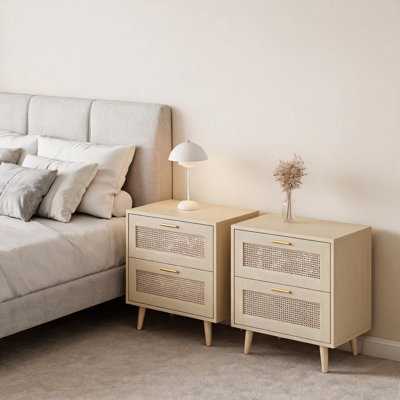 Set of 2 Rattan Nightstands with Charging Station, 2-Drawer Wide Bedside Tables with AC Outlets and USB Ports