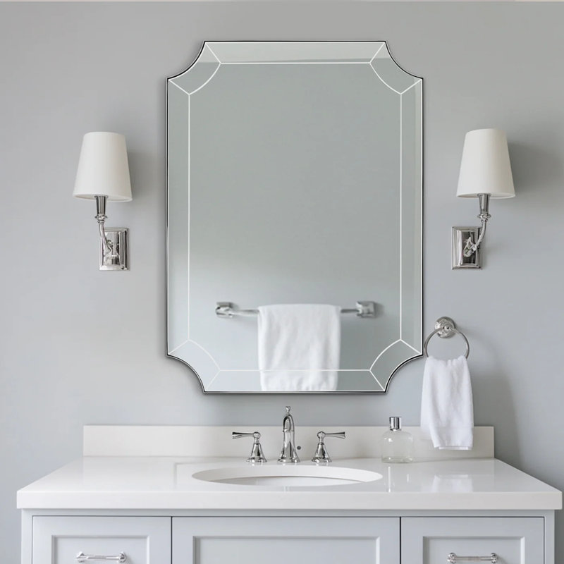 Minuette Glass Tile Edge Scalloped Bathroom Vanity Mirror | Stainless Steel Framed, 36" x 24", Brushed Gold