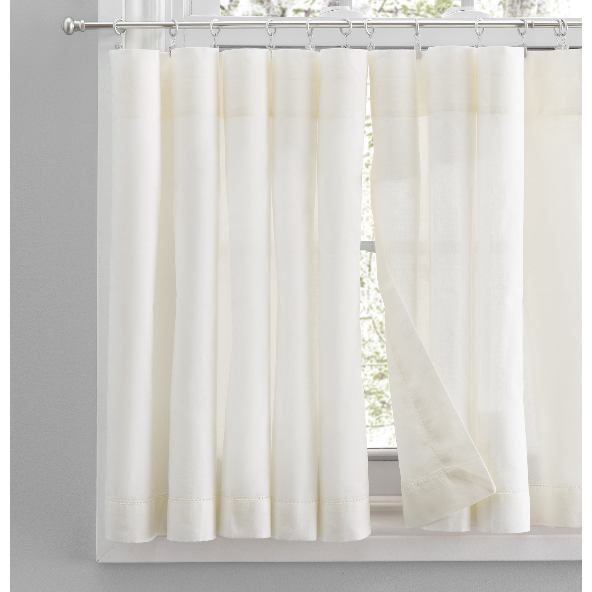 Blandford Premium 100% Cotton Hemstitch Semi-Sheer Cafe Curtain/Tailored Tier Pair 80" W Curtain, Natural, 80" W x 36" L