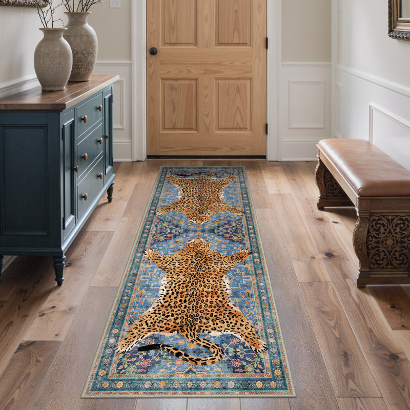Aura Animal Print Machine Washable Blue / Yellow Indoor Area Rug with Non-Slip Backing, Runner 2' x 6'