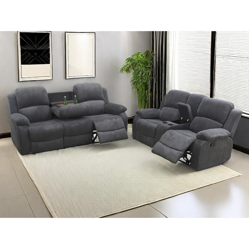 Ensemble de salon inclinable en tissu 2 pièces Whall (ensemble de 2 pièces) Whall, Velours côtelé noir / gris
