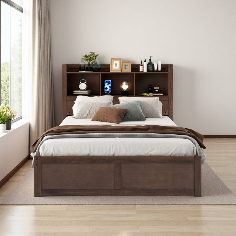 Lit plateforme pleine grandeur avec tablettes coulissantes, lit gigogne simple et 2 tiroirs, Espresso