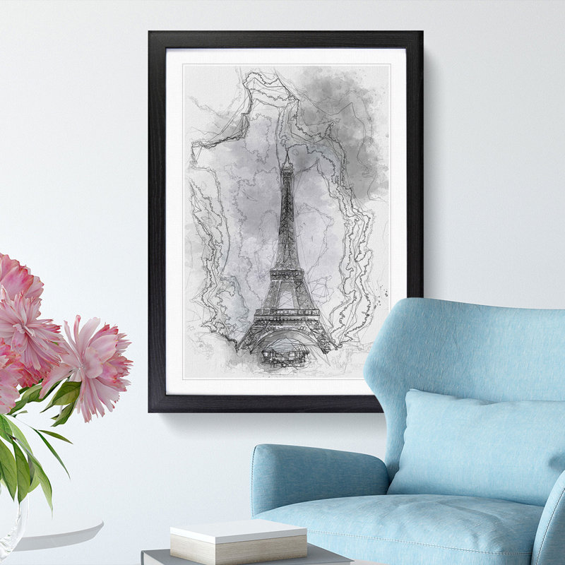 A Moody Eiffel Tower In Paris France - Single Picture Frame Painting on MDF, 87cm H x 62cm W x 2cm D, Black Framed