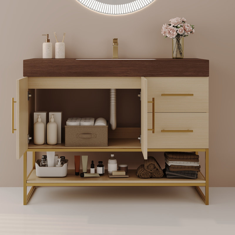 Meuble-lavabo autoportant Modern Modern, Or, bois, Noyer, blanc