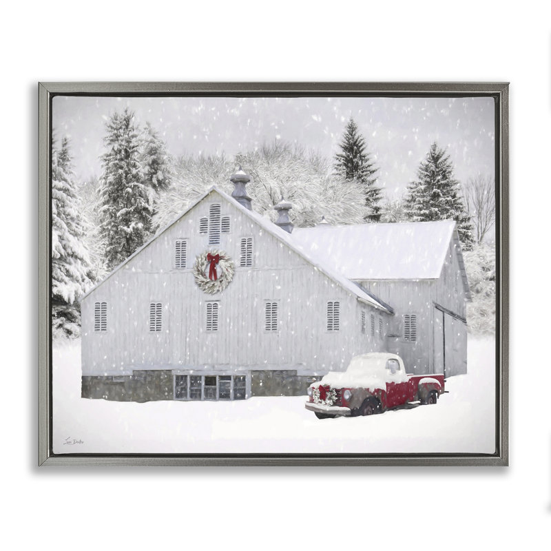 «Red Truck & Snowy Farmhouse», art mural encadré par Lori Deiter, H 17 po x l 21 po, Cadre flottant gris lustré