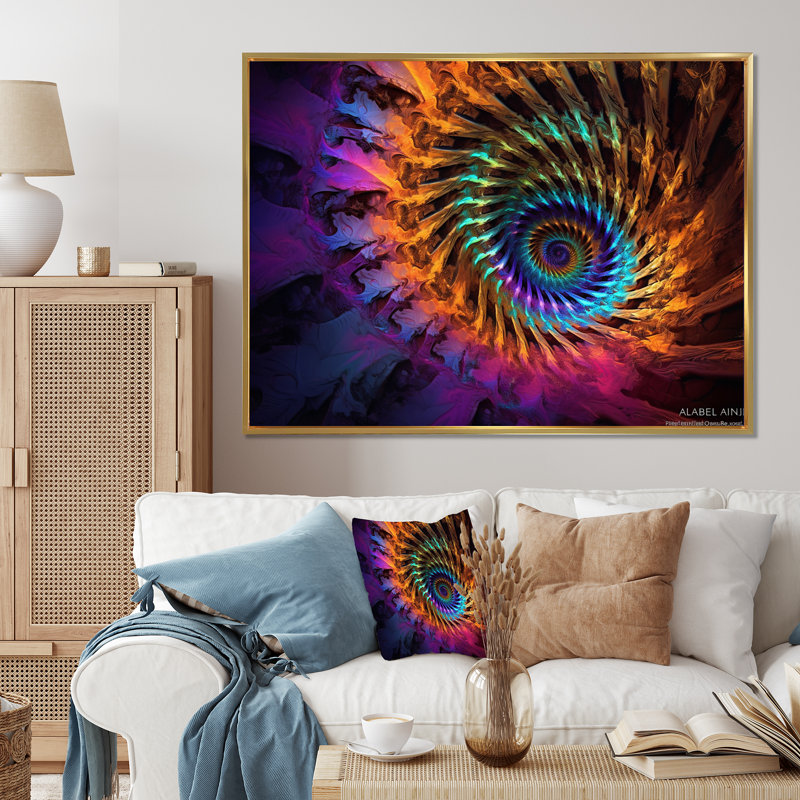 Fractale en spirale en couleurs arc-en-ciel rétro I - impression, 24" H x 32" W, Cadre flottant noir
