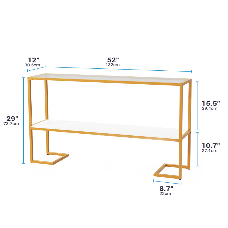 Console Sofa Table, 52" Modern Entryway Table, 2-tier Open Shelf With Tempered Glass, Metal Frame Behind Couch Table With Gold Metal Frame For Living Room Hallway Entrance, White