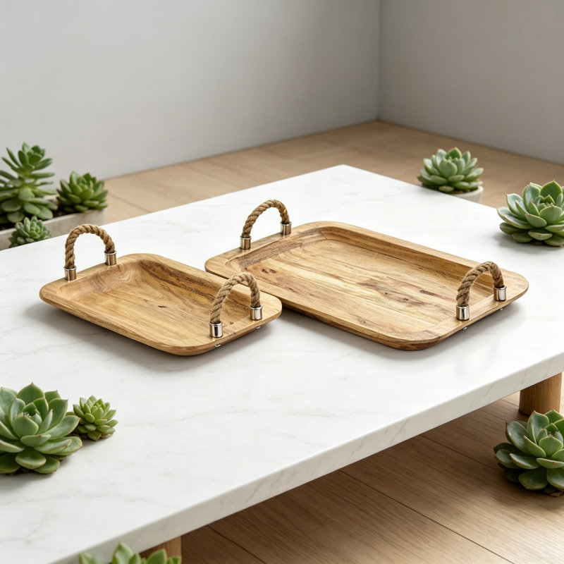 Plateaux en bois S / 2 Tabari avec poignée en jute
