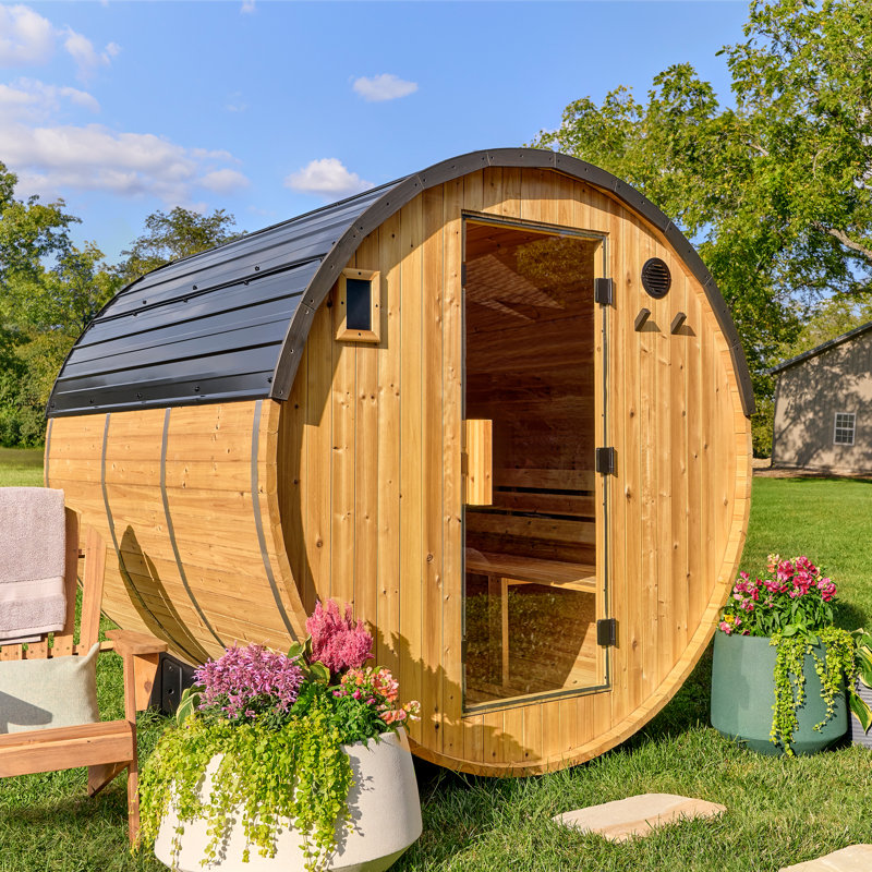 Backyard Discovery Paxton 4-6 Person Traditional Cedar Outdoor Barrel Sauna with 9kW Electric Heater, Wi-Fi Control, LED Lights