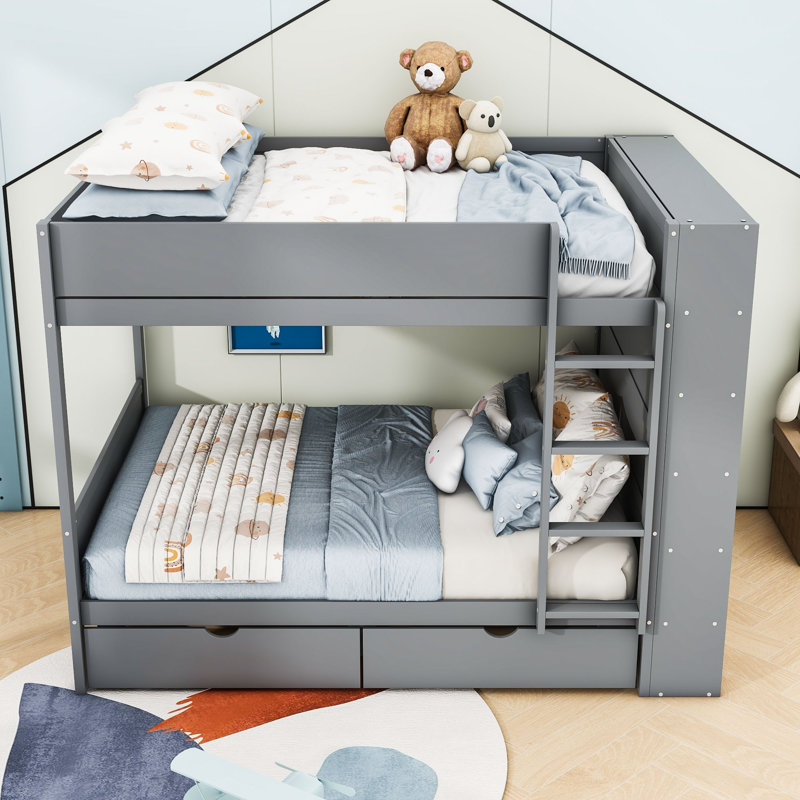 Huesman Wooden Bunk Bed With Two Storage Drawers And Multi-Layer Shelves, Gray, Full Over Full