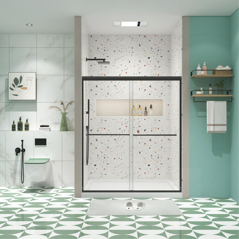 Porte de douche à dérivation, porte coulissante, avec verre trempé de 1/4 po de 50 à 54 po x 70 po, Matte Black