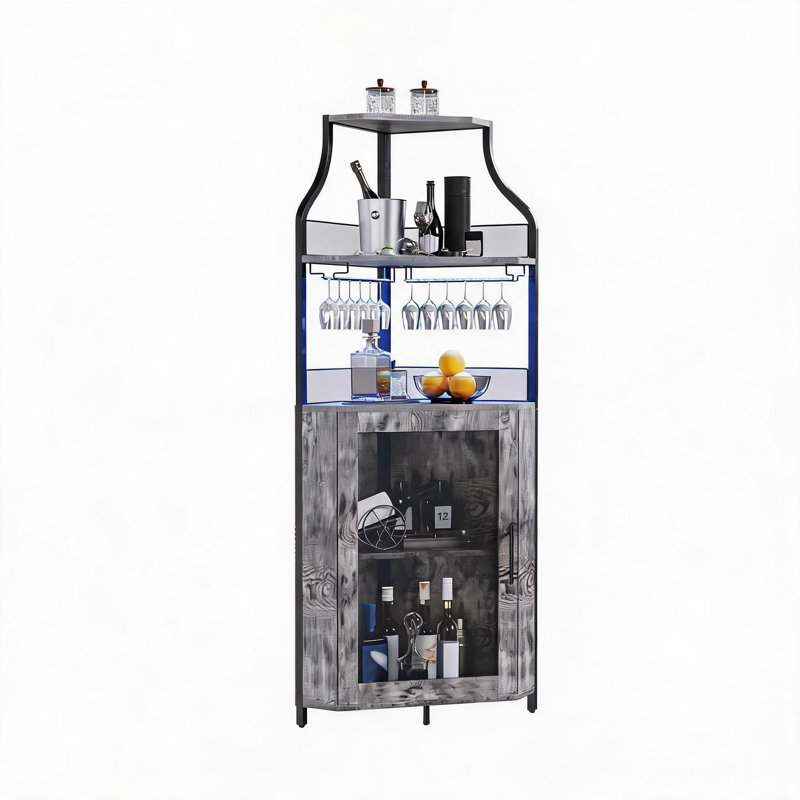 Armoire de bar à vin en L à DEL en forme de L, buffet de bar autoportant à 5 niveaux avec éclairage à DEL RVB, tablettes réglables, support en verre et support à vin amovible, armoire de rangement en panneau de fibres à densité moyenne pour salle à manger