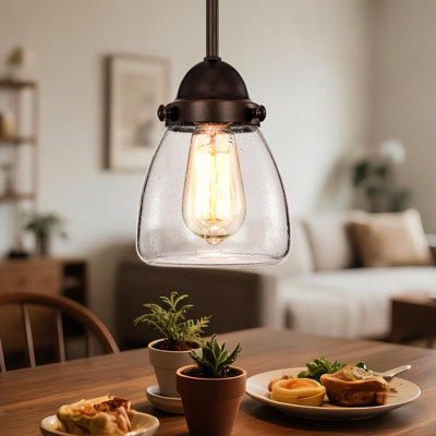 1-Light Oil Rubbed Bronze Pendant with Seeded Glass Shade