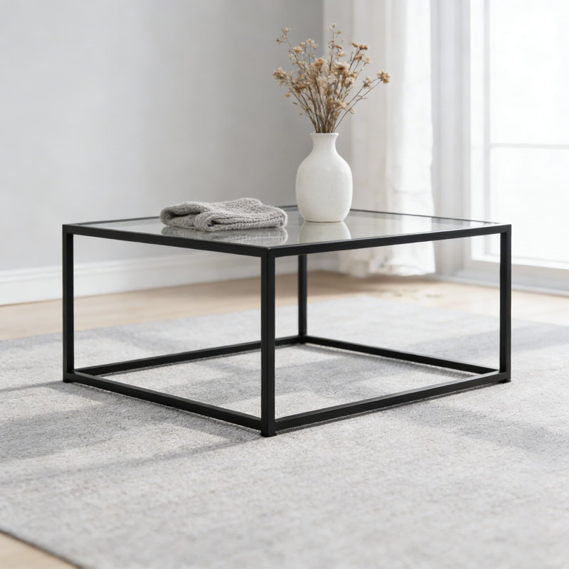 Table basse moderne carrée en verre avec structure en métal, table de salon minimaliste pour petits espaces, assemblage facile, plateau en verre trempé