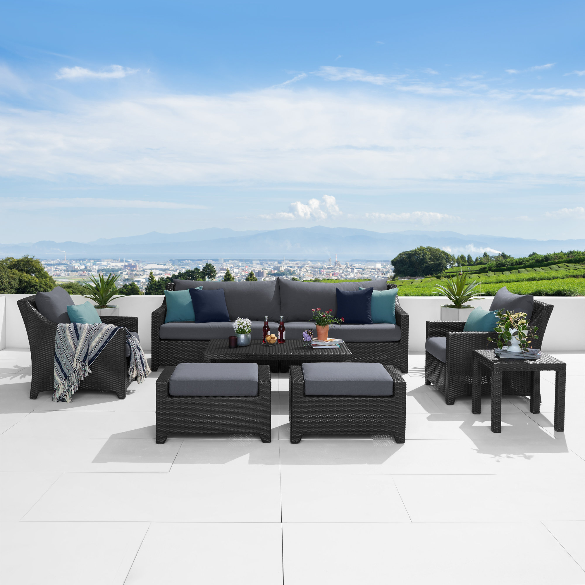 Fionnula 7 Pieces Rattan Sunbrella Sofa Seating Group with Cushions, Stone Grey