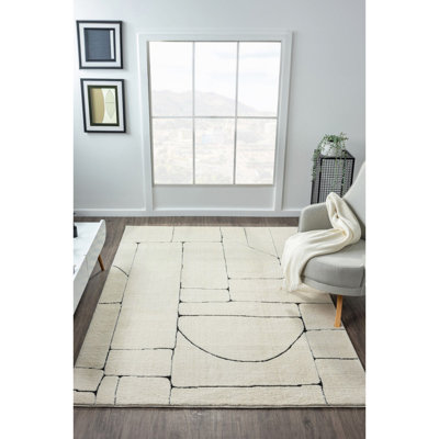 Tapis tissé luxueux, couleur crème, 5,2 x 7,5 pieds | 100% polyester, 1,6 lb / pi² | Hauteur de velours de 0,6 po, semelle en jute durable | Facile à nettoyer avec l'aspirateur, nettoyeur de taches recommandé | Parfait pour le salon et la chambre à coucher