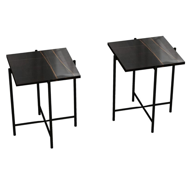 Set of 2 Pcs Marble Effect Tops Round Side End Coffee Table Metal Frame, Black