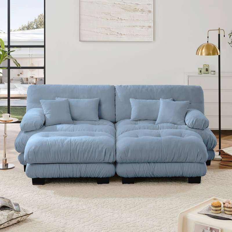Cloud Couch Sleeper Sofa For Living Room, Chenille 2 Seater Sofa With 2 Lumbar Pillows And 2 Throw Pillows , Upholstered Wide Arm Sofa With 2 Ottomans,Chenille Blue