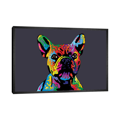 Rainbow French Bulldog On Grey by Michael Tompsett - Wrapped Canvas Print