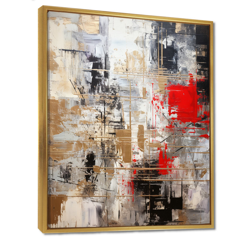 «Red Red Abstract Minimalisme» - art mural géométrique, Cadre flottant doré, H 44 po x l 34 po x P 1,5 po