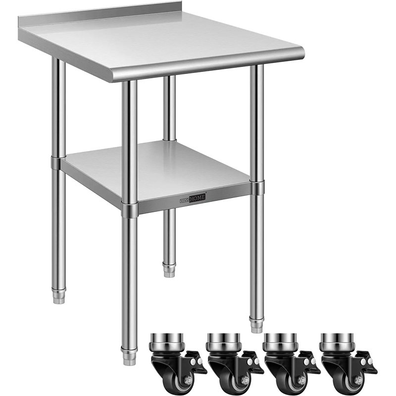 Stainless Steel Work Table with Backsplash and Wheels, 24" H x 26.9" W x 24" D