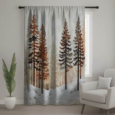 Snowy Pine Forest Scene Window Curtains, Winter Sheer & Blockout Curtains - 1 Panel