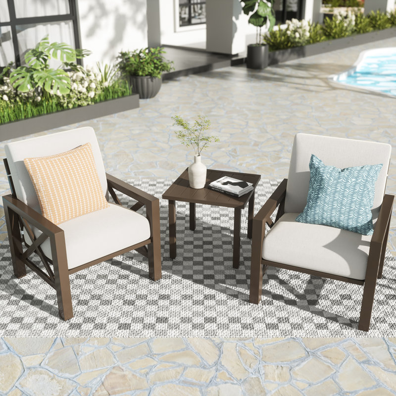 Cazenovia 2 - Person Outdoor Metal Seating Group with 6" Olefin Cushions, Brown Frame /Beige Cushion