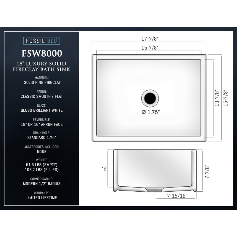 Luxury 17.88" x 15.88" Fireclay Modern Farmhouse Bathroom Sink, Reversible