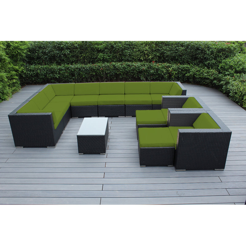 Ensemble de conversation en osier 8 personnes avec coussins Konen Wicker, Noir, Sunbrella Ara