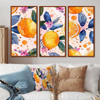 Yellow Pink Floral Orange Trees II - Fruits Wall Art Living Room Set