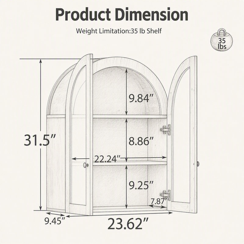 Armoire murale cintrée en placage de bois avec portes en verre trempé et tablette réglable, Walnut Brown