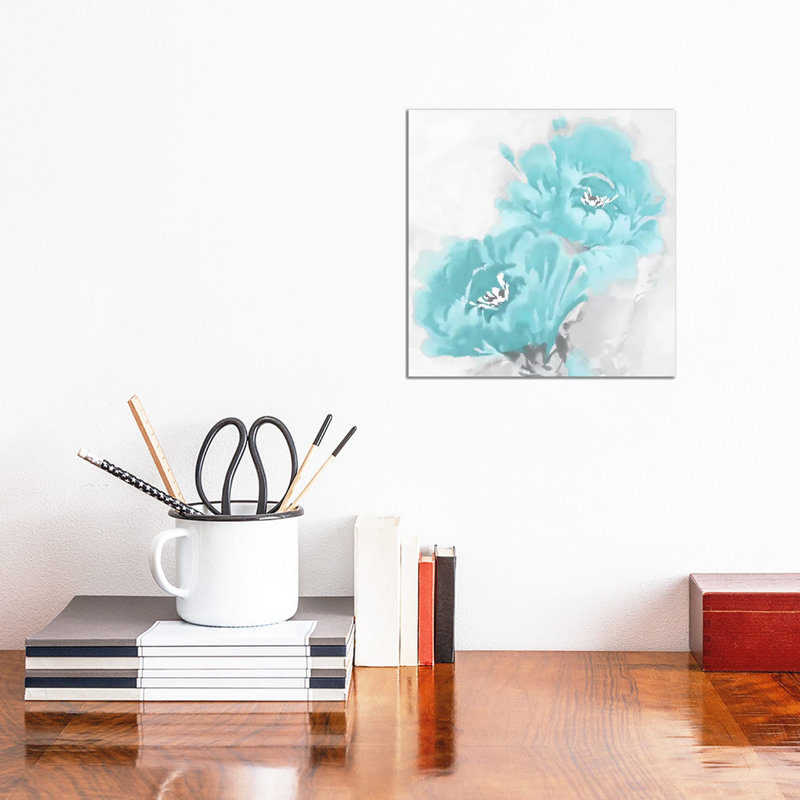 Flower Bloom In Aqua I by Jesse Stevens - Print on Canvas, Wrapped Canvas, 30.48 cm H x 30.48 cm W