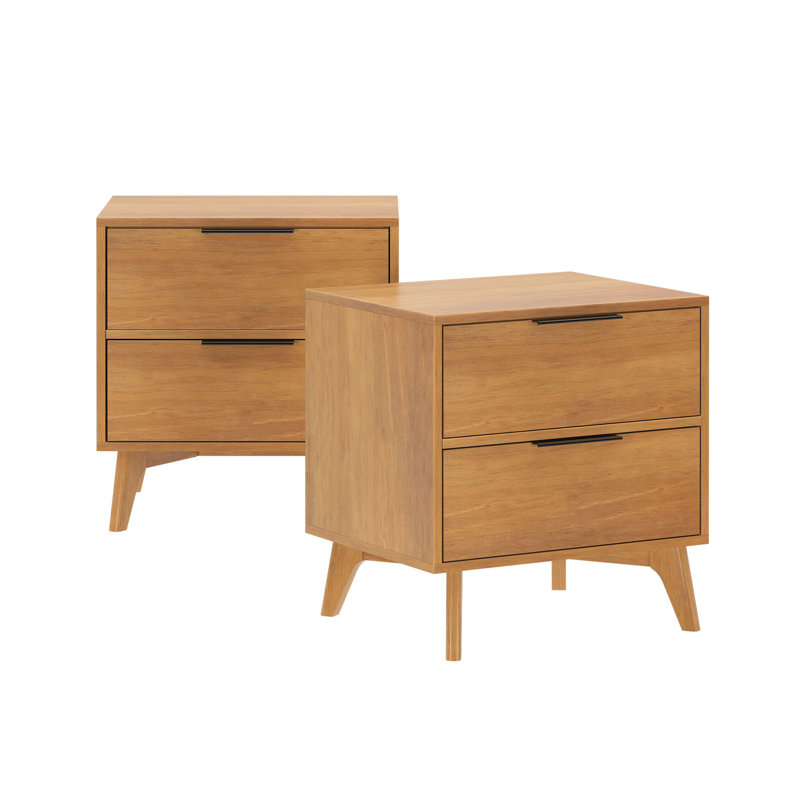 Haven 2 Drawer Nightstand (2 pack), Pecan with Black Handle, Pecan
