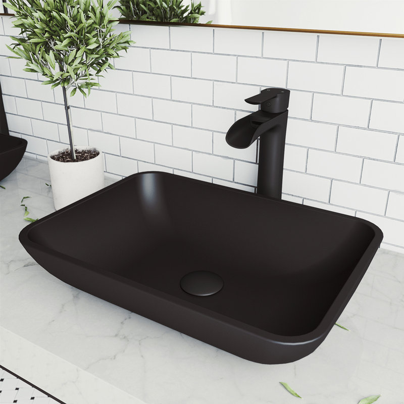 Onyx Rectangular Glass Vessel Bathroom Sink with 11" H Faucet, Black Matte Shell, Matte Black