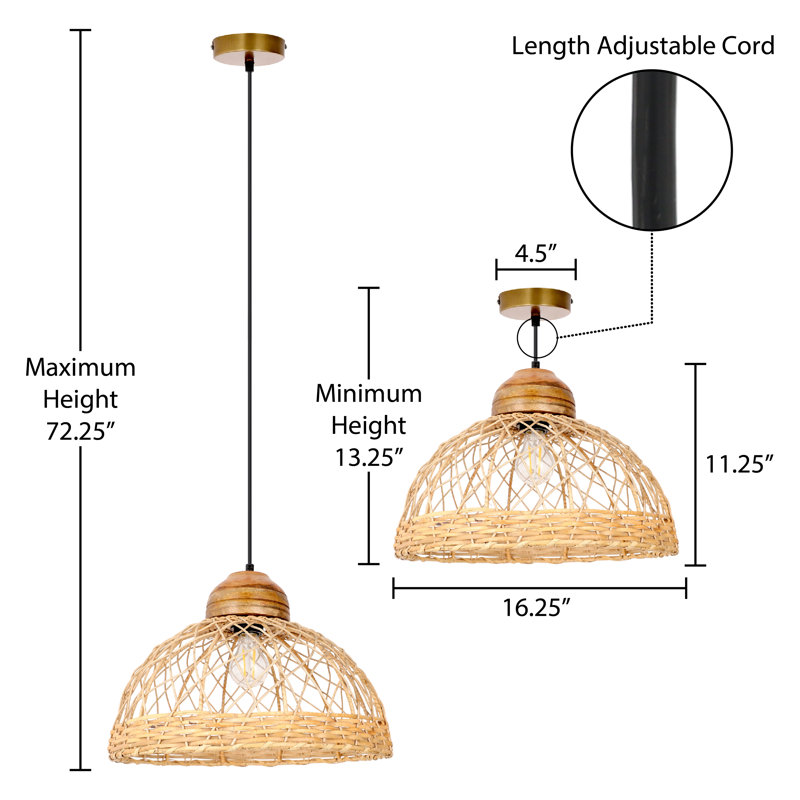 16.25"W Allmar 1-Light Natural Jute Weave Dome Pendant
