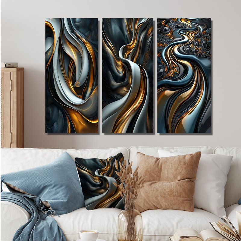 Tourbillon abstrait dans des tons d'or et de noir I - Collection d'art mural moderne, 28" H x 36" W, Toile tendue