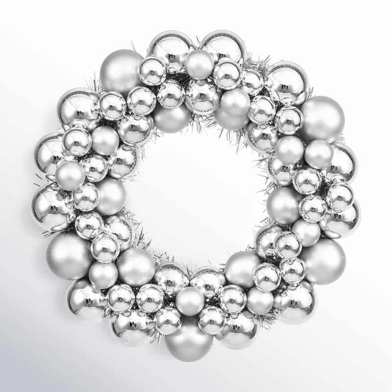 Shiny and Matte Ball Wreath, Silver, 22"