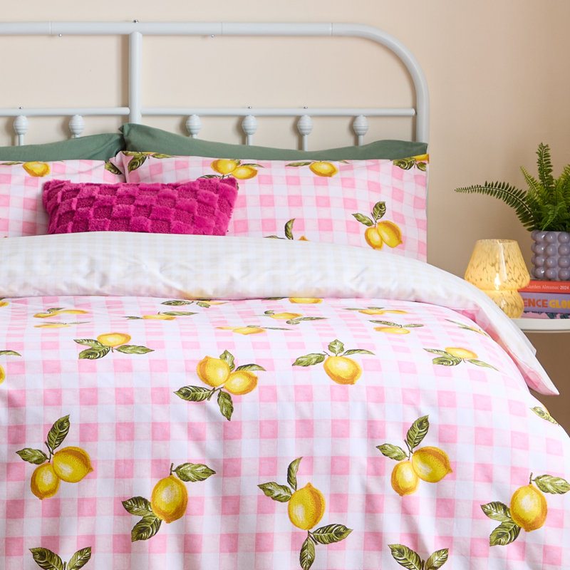 Gingham Lemons Cotton Blend Gingham Duvet Cover Set with Pillowcases Included, Double Duvet Cover + 2 Standard Pillowcases