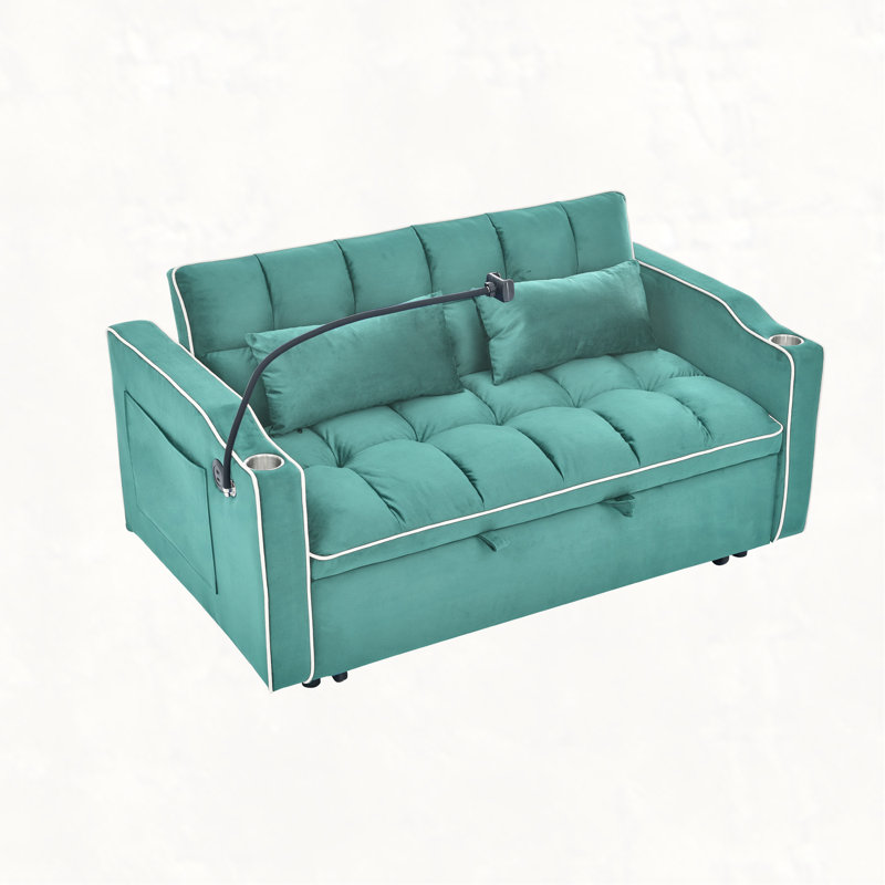 55.51 inch versatile foldable sofa bed in 3 lengths, modern sofa sofa sofa velvet pull-out bed, adjustable back and with USB port and ashtray and swivel phone stand