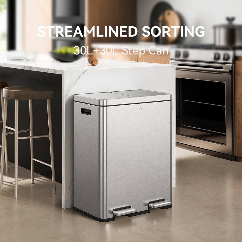 EKO Edison Dual Trash Can For Recycling And Trash, 8+8 Gallons Kitchen Garbage Can With Dual Removable Inner Liners, Independent Lids And Pedals, Matte Stainless Steel
