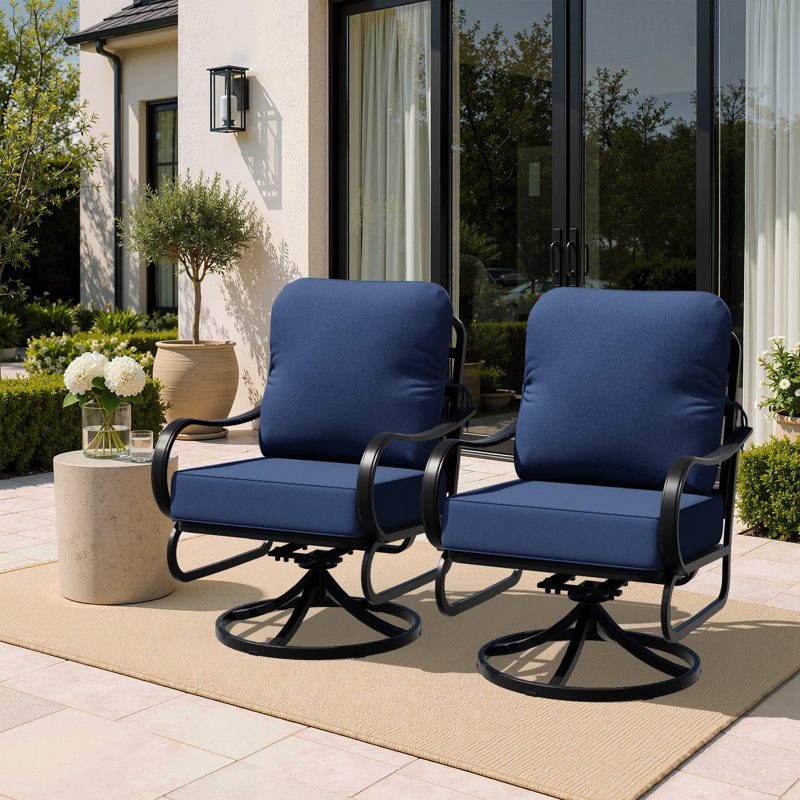Chaises de patio pivotantes d'extérieur 2 pièces, avec structure en métal et coussins bleus épais de 5,3 po, Bleu