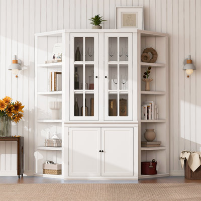 75"H x 69"W Freestanding China Cabinet with Tempered Glass Doors and Open Shelves by Lark Manor