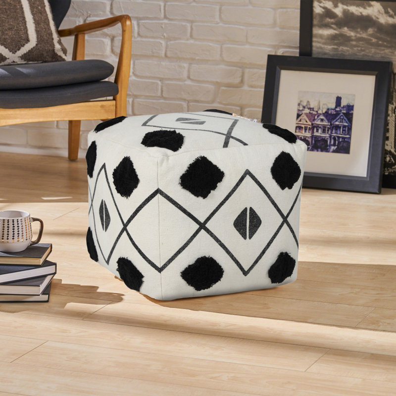 Ivory and Black Diamond Tufted Square Pouf Ottoman, 18" x 14"