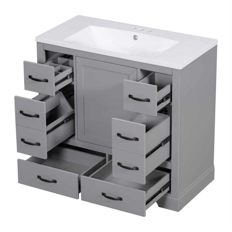 Ensemble de meuble-lavabo 36 po avec évier, six tiroirs, diviseur de tiroir multifonctionnel, tablette réglable, Gris