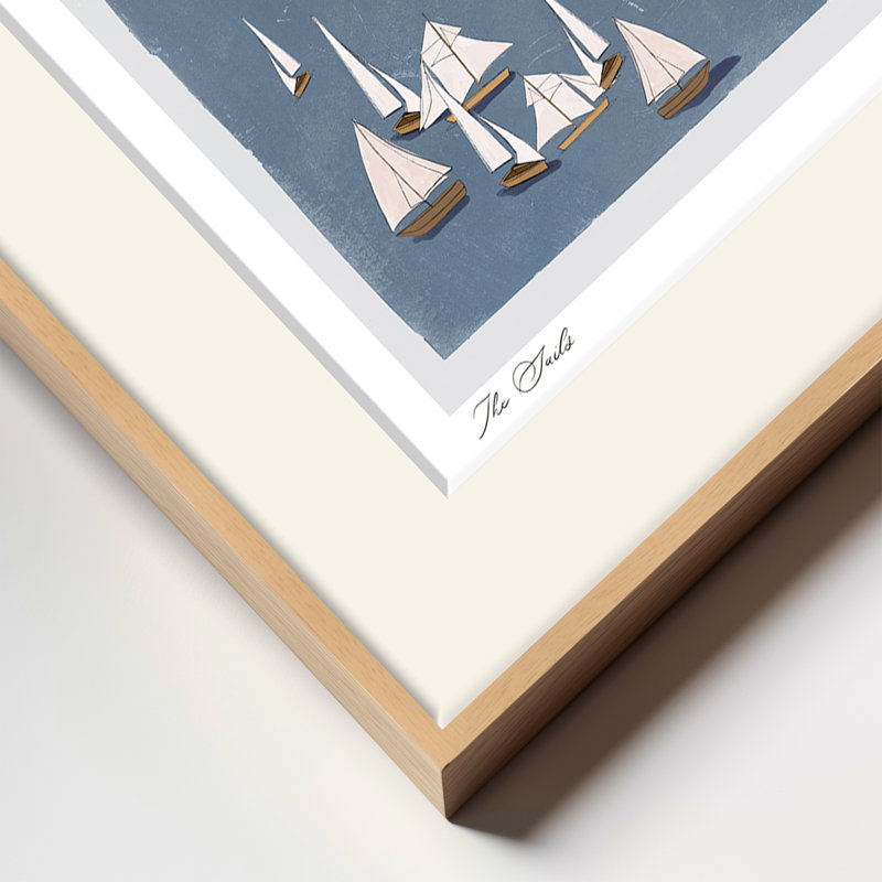 Mod-Ensemble The Sails by ChiChi – Minimalist Blue Coastal Artwork Featuring Sailing Boats | 24"H x 32"W | Natural Frame, Tan
