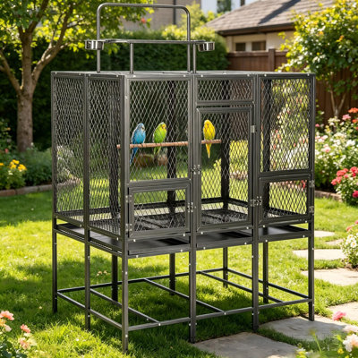 Heavy Duty Metal Playtop Bird Aviary Cage with Multi Access Doors, Stand & Top Play Gym, Extra Large Wrought Iron Bird House for Parrots, Canaries, Pigeons & Medium-Large Birds