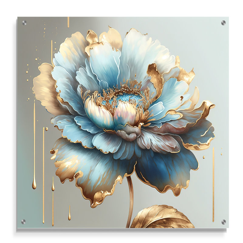 «Chic Blue Blooming Flower I», art mural acrylique pour la cuisine, H 16 po x l 16 po